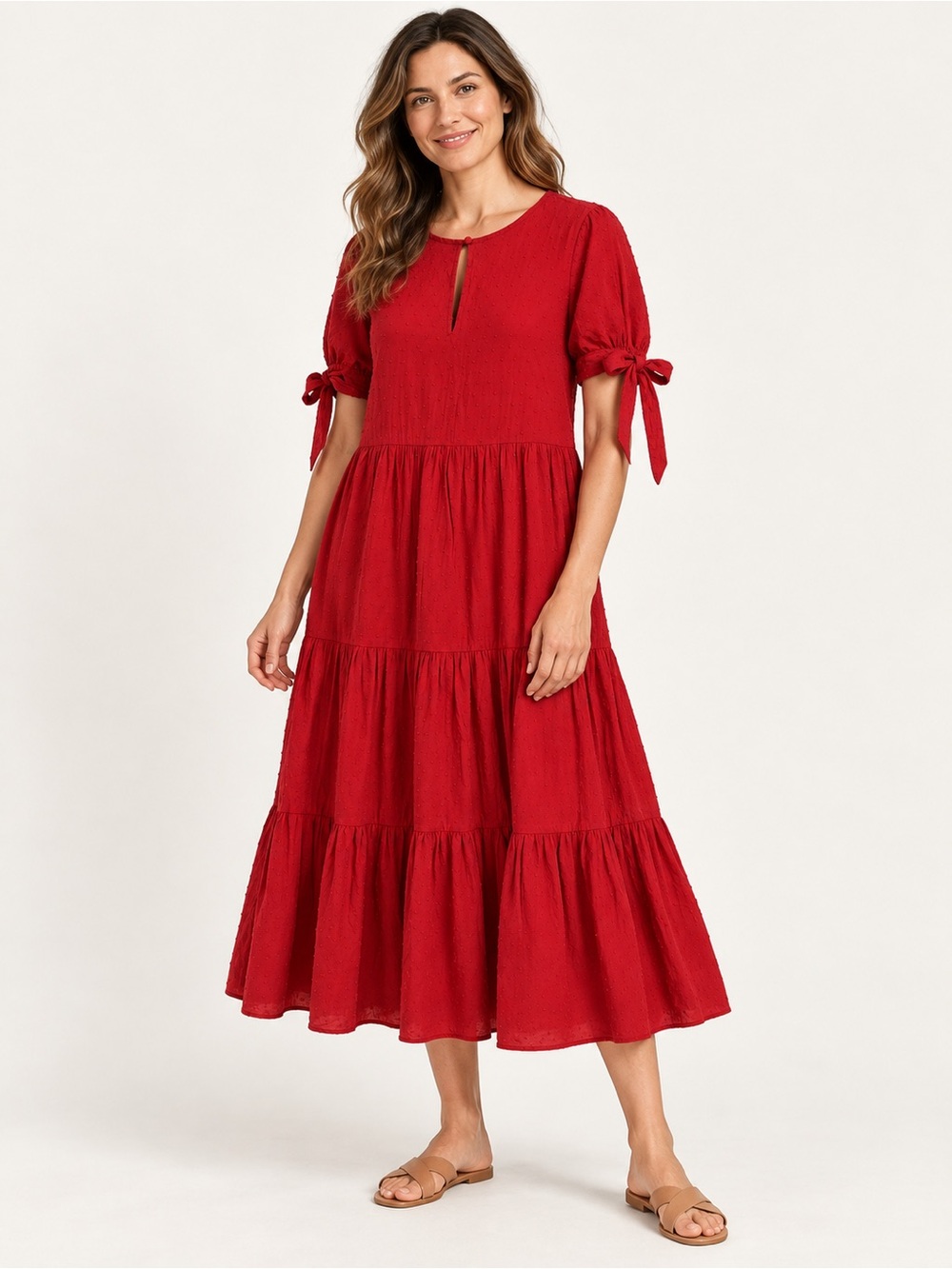 Madewell Tie-Sleeve Tiered Midi Dress Swiss Dot Red Bright Ember Size Small